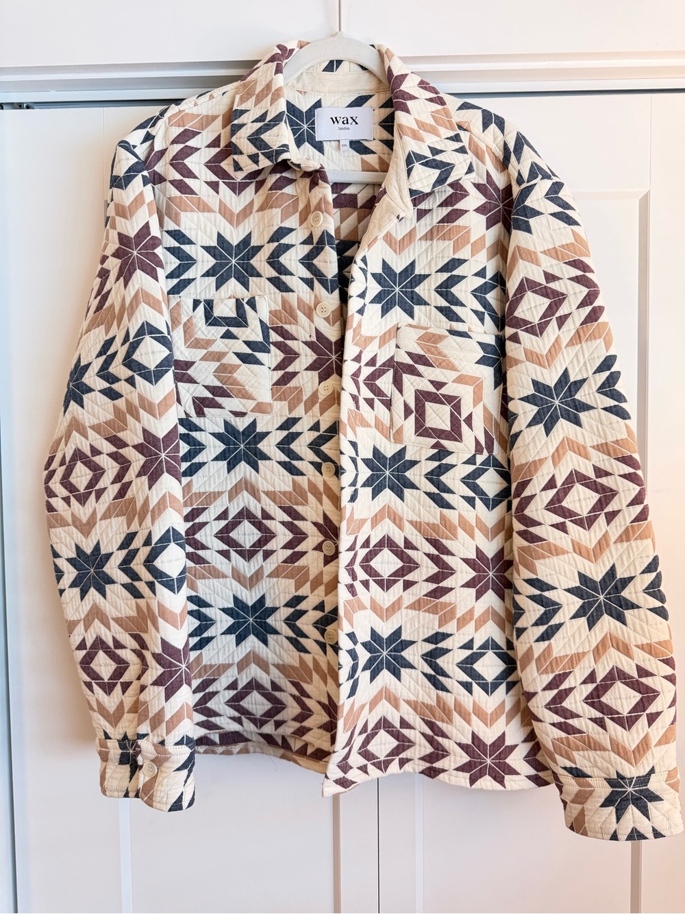 Wax Quilted Geo Print Shacket in Cream, Navy, Maroon & Brown